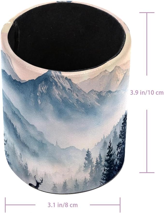 Watercolor Mountain Deer PVC Leather Circular Pencil Holder for Desk Organizer Stationery Holder for Office, School(3.9 x 3.1 Inches)