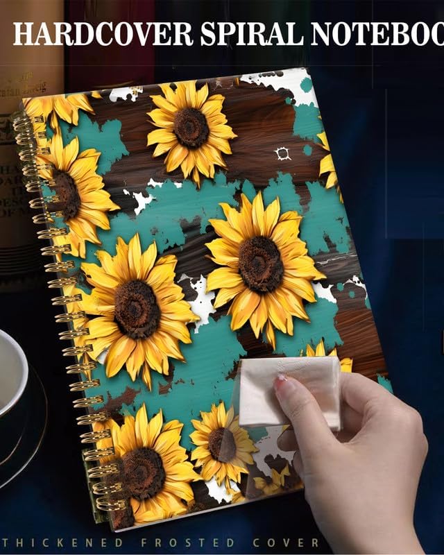 Spiral Journal Notebook,A5 Hardcover Lined Journals for Women Girl 6 x 8.3 in,120 Pages Thick Paper,Cute College Ruled Writing Notebook for Gifts Office Work School(Sunflower Cow Wood Grain)