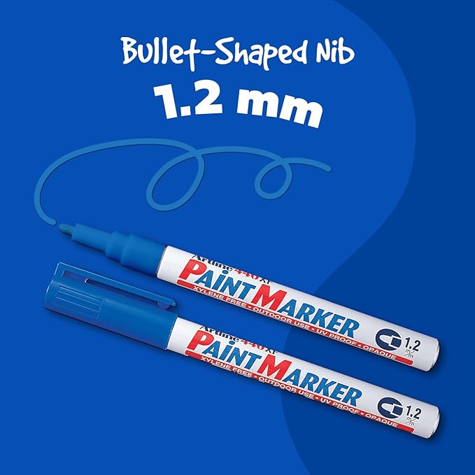 Artline 440XF Paint Markers for Wood, Plastic, and Canvas, Waterproof Marker for Indoor/Outdoor Applications, Opaque Coloring Markers with 1.2mm Bullet Tip - Blue, 12 Pack