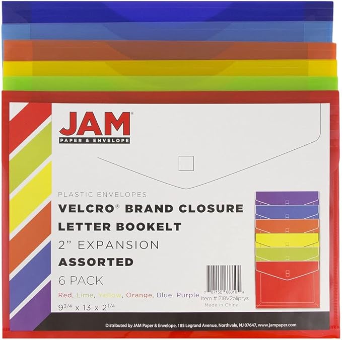 JAM PAPER Plastic Expansion Envelopes with Hook & Loop Closure - Letter Booklet - 9 3/4 x 13 with 2 Inch Expansion - Assorted Colors - 6/Pack