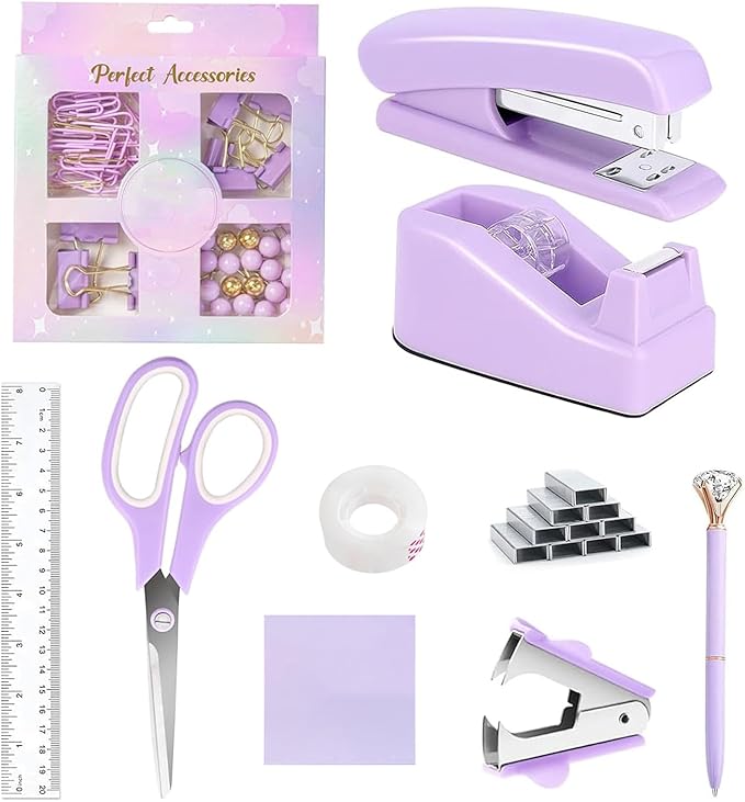 Office Supplies,Desk Accessories,Tape Holder,Stapler,Scissor,Staple Remover,Box of Binder Clips,Staples,Ballpoint Pen,Sticky Notes,Clear Tape,Ruler,Office Supplies Set Purple