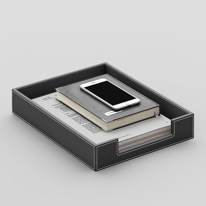 Leather Desk Organizer Tray, Stackable Leather Tray, Desk Organizers and Accessories, Magazine File Holder for Office Supplie(Black)