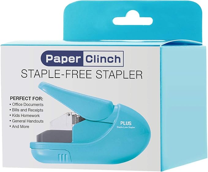 Plus Paper Clinch Compact Staple-Free Stapler, Blue Turquoise