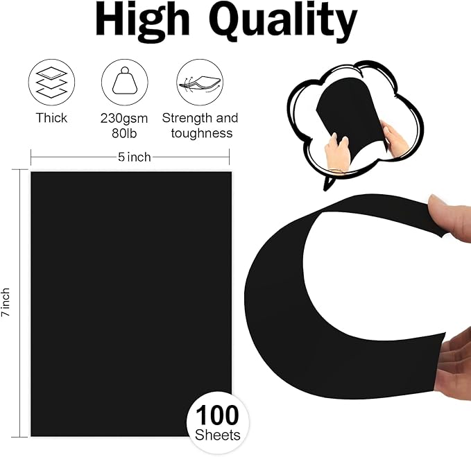 100 Pack Black Cardstock 5x7 Blank Card Thick Paper, Goefun 80lb Flat Card Stock Printer Paper for Halloween Cards, Invitations, Postcards, Photos, DIY