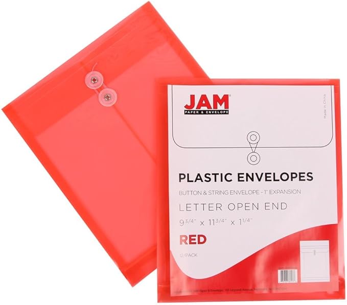 JAM PAPER Plastic Envelopes with Button & String Tie Closure - Letter Open End - 9 3/4 x 11 3/4 - Assorted Colors - 6/Pack