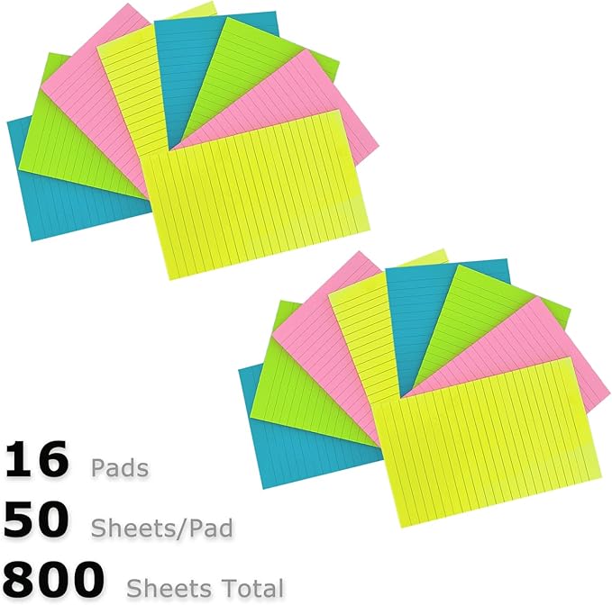 16 Pads Lined Sticky Notes 5 x 8 in, Bright Colors, Colorful Large Sticky Notes with Lines Self-Stick Note Pads for Office School Supplies, 50 Sheets/Pad,16 Pads, 800 Sheets Total, 4A 5084-N-Lx4