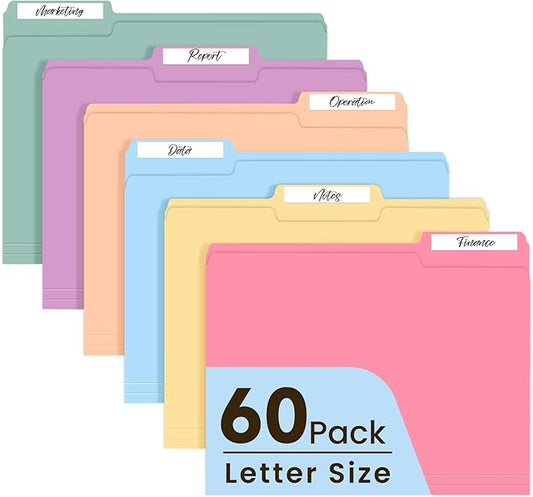 Colored File Folders Letter Size, 60 Pack 6 Colors Manilla Folders 1/3 Cut Tabs, Assorted Pastel Color Office School Buiness Folders for Filing Organization, Paper File Folder Bulk Set