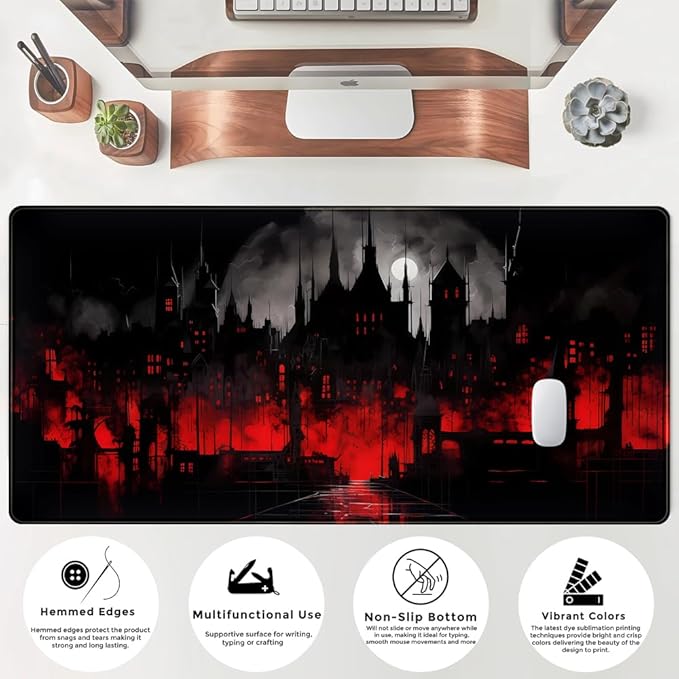 Black Castle Large Mouse Pad Red and Black Mousepad Gaming Playmat Game Mat, Big Full Keyboard and Mouse Pads Cool Desk Pad for Keyboard with Stitched Edges Anti-Slip Desk mat 31.5" X 15.7 "