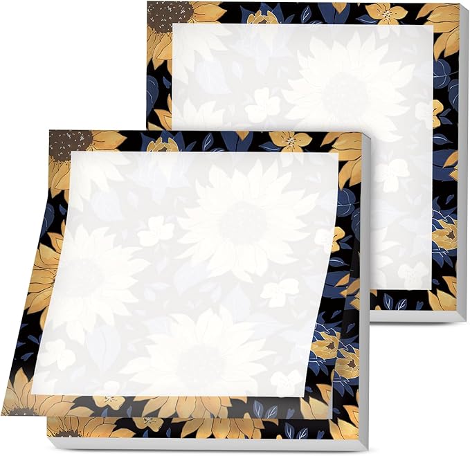 Sticky Notes, 2 Pads, 3x3 inches, Cute Colorful Fun Self-Stick Note Pads, Easy Post, Strong Adhesive Notepad Navy Yellow Sunflowers