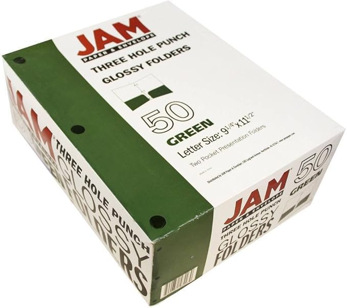 JAM PAPER Laminated Two Pocket Glossy 3 Hole Punch School Folders - Letter Size - High Gloss Green - Bulk 50/Box