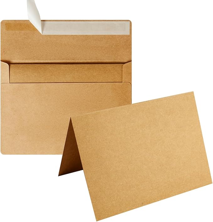 Wishop 50 Pack Self-Adhesive Envelopes with Fold Cards for Wedding Invitations, Greeting Cards, Baby Shower, Letter Mailing (Brown, 5x7)