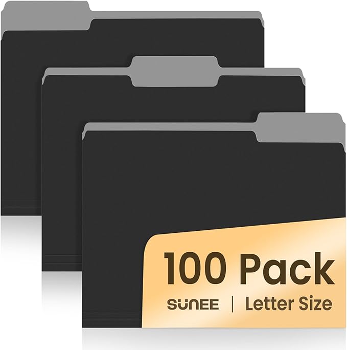 SUNEE File Folders, 100 Pack Manilla Folders 8.5 x 11, Colored Folder Office Organization Home School Folders for Documents Files Paper, Black