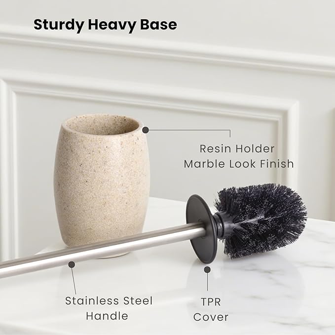 Toilet Bowl Brush and Holder with Stainless Steel Long Handle, Toilet Scrubber Brush with Durable Base, 360° Deep Cleaning Bristles for Bathroom, Compact Set for Small Space (Beige)