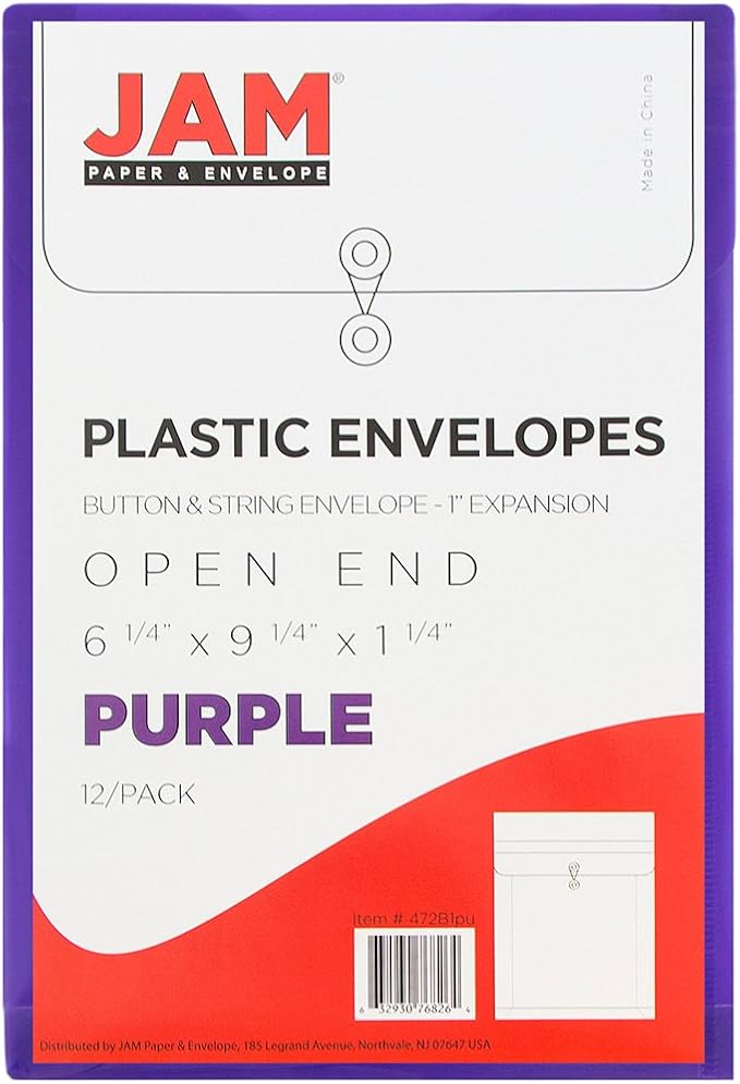 JAM PAPER Plastic Envelopes with Button & String Tie Closure - 6 1/4 x 9 1/4 - Purple - 12/Pack