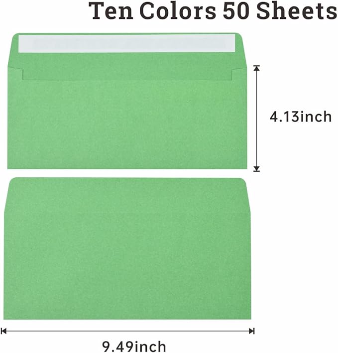 50 Pack #10 Business Envelopes, Self Seal Standard Envelopes for Office Checks, Business Letter Mailing, Invoices, Invitations, 4 1/8 x 9 1/2 Inches (Ten Colors, 4.13 x 9.49)