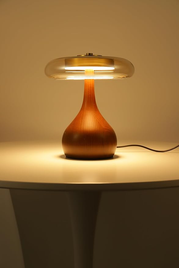 Small Table Lamp for Bedroom-Wooden Base Teardrop Mushroom Table Lamps,Amber Glass Shade,LED Three Color Temperature Adjustable Brightness Modern LED Side Table and Desk Lighting(H 9.7 in)