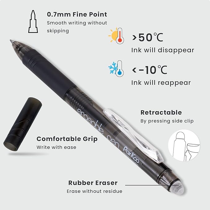 ParKoo 20 Pack Retractable Erasable Gel Pens Clicker, Fine Point 0.7 mm, Make Mistakes Disappear, Black Pens for Writing, Journaling and Crossword Puzzles