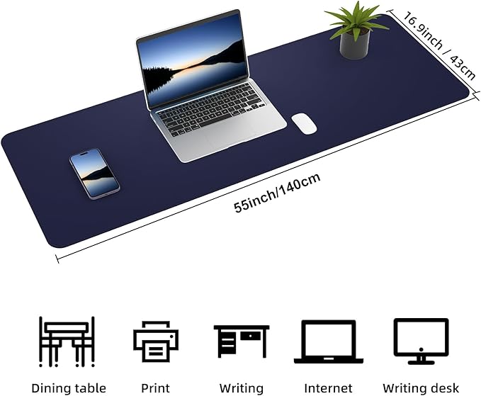 AFIING Leather Desk pad Protector, Large Non-Slip Office Desk Mat with Natural Cork & PU Leather, Waterproof Writing Mouse Pad for Office and Home (55in*17in,Blue)