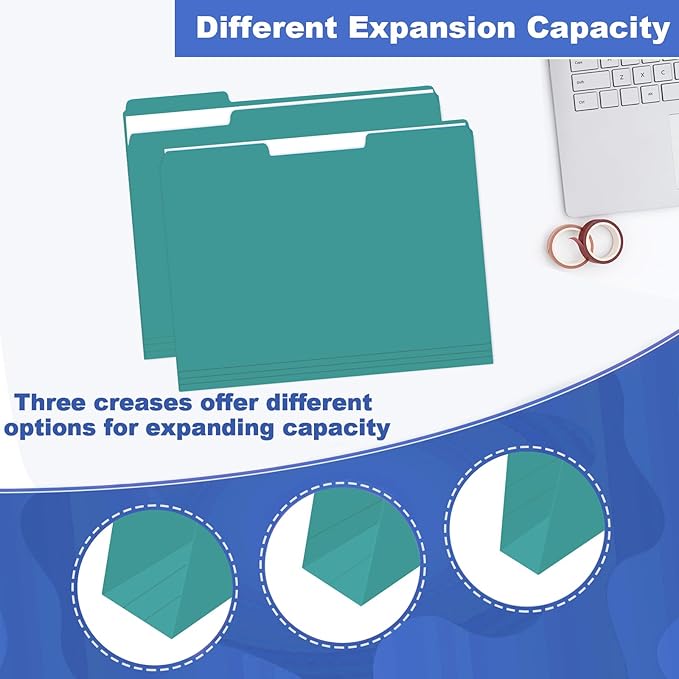 File Folder, HERKKA 30 Pack 1/3 Cut Tab File Folders, File Folders Great for Organizing and Filing, Letter Size, Turquoise