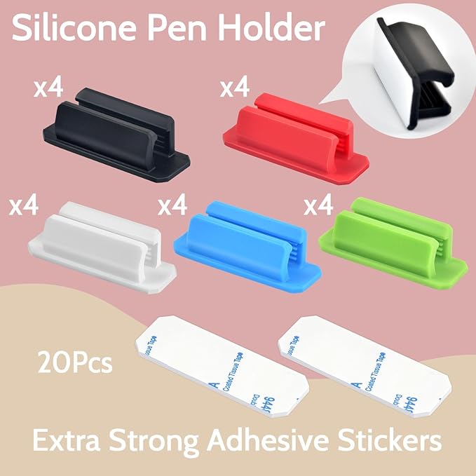 20 Pack Pen Holder Silicone,Adhesive Pen Holder for Desk,Marker Clip for Classroom Office Desk Accessories, Pencil Holder with 20 Double Sided Extra Sticky Tape (Multi-colour combinations)