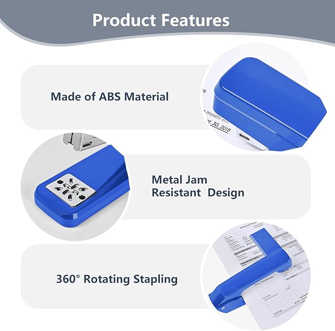 MJMX 360° Rotating Swing-Arm Stapler, 25-Sheet Capacity, with 1000 Staples, 8-Position Lock, ABS Durable Design, for Office/Home/School (Blue)