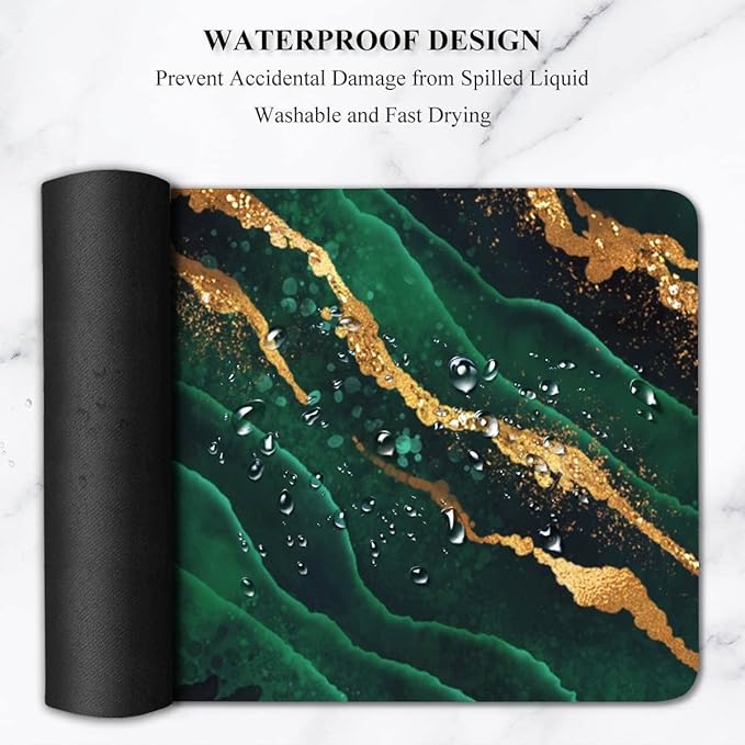 Extended Gaming Mouse Pad (31.5 X 11.8 in), Large Non-Slip Rubber Base Mousepad,Keyboard Mouse Mat Desk Pad for Work, Game, Office, Home - Black Green Gold Marble, MOU-06