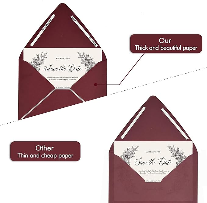 A7 Burgundy Envelopes 5 x 7 With Silver Border - V flap, Quick Self Seal, | Perfect for 5x7 Cards, Weddings, Invitations, Graduation, Baby Shower | 5.25" x 7.25" | 50 Pack (Burgundy-Silver Border)