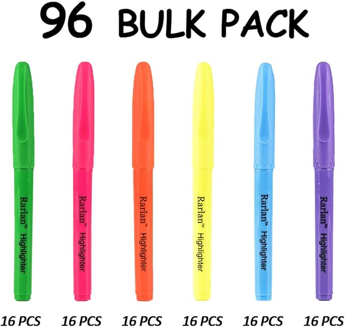 Rarlan Highlighters, Chisel Tip, Assorted Fluorescent, 96 Count Bulk Pack