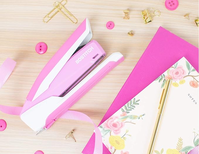 Bostitch Office InPower Spring-Powered Desktop Stapler, 20 Sheet Capacity, One Finger Stapling, Includes 210 Staples, Jam Free, Opens for Tacking, Breast Cancer Awareness Pink