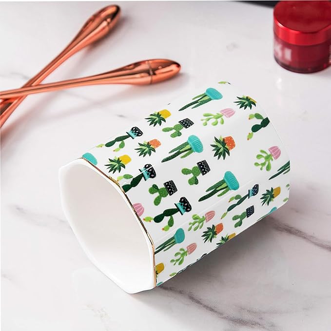 Pen Holder, Makeup Brush Holder Ceramic Shiny Gold Tropical Cactus Green Succulents Pattern Pencil Cup for Girls Kids Women Durable Stand Desk Organizer Storage Gift for Office, Classroom, Home