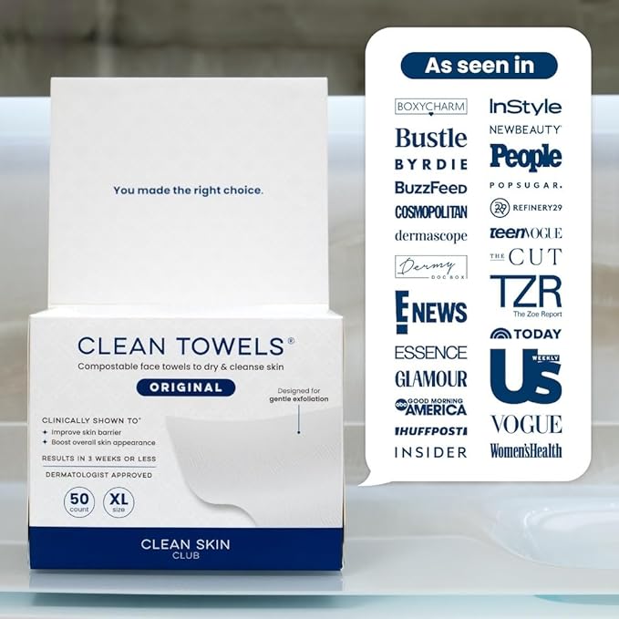 Clean Skin Club Clean Towels XL®, 100% USDA Biobased Face Towel, Disposable Face Towelette, Eczema Association Accepted, Makeup Remover Dry Wipes, Ultra Soft, 50 ct per pack, 6 Packs, 300 Ct Total