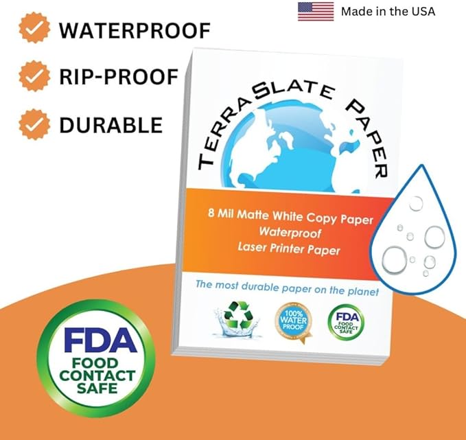 TerraSlate Premium Waterproof Printer Paper, 8 MIL 8.5 x 11 Inches, Durable & Heavy-duty paper (100 Sheets)
