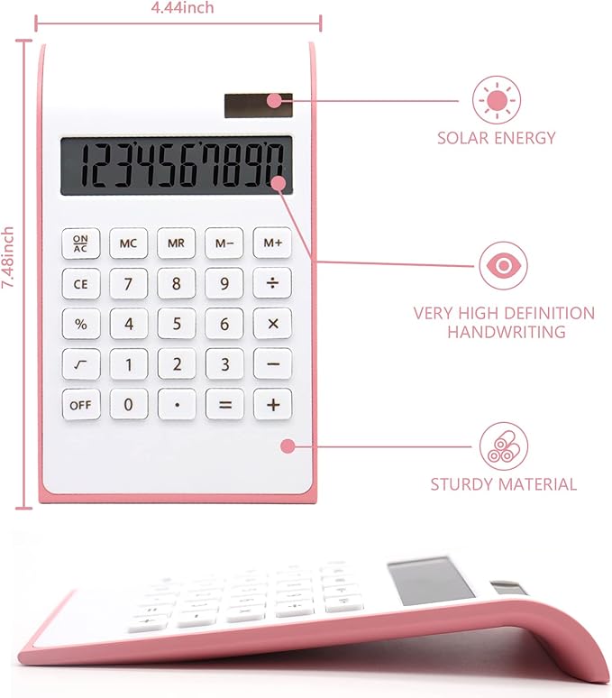 Pink Office Calculator, 10 Digits Solar Battery Basic Desktop With Large LCD Display, School and Office Supplies and Accessories