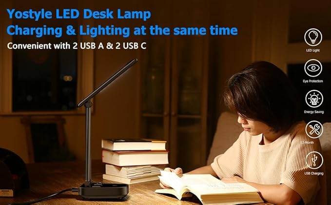 LED Desk Lamp with 4 USB Charging Ports and 2 AC Outlets,5ft Extension Cord Power Strip Station, 3 Level Brightness, Touch Dimmer Control, Office Table Eye Care Lamp Bedroom Hotel