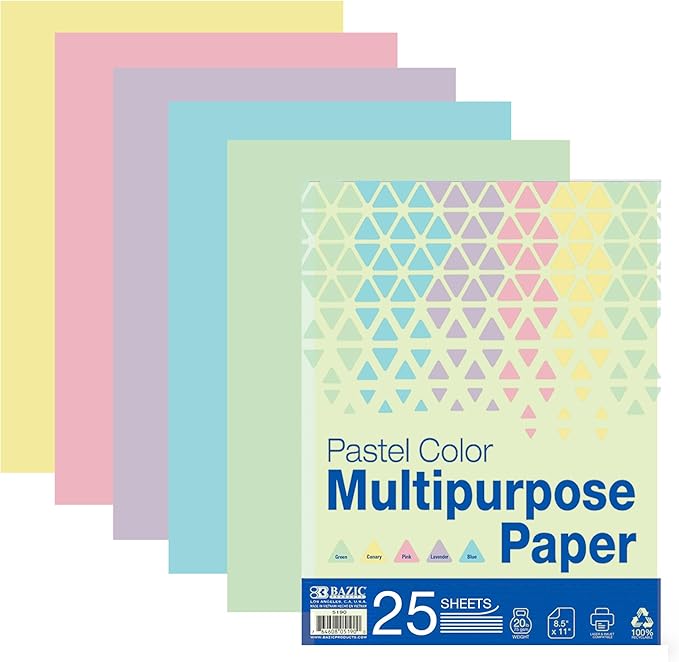 BAZIC Blank Paper Copy & Multipurpose Paper 8.5" x 11" – 25 Sheets Pastel Color Printer Paper for Inkjet, Laser, and Fax Machines – Printing Paper for Office, School, and Crafts, 1-Pack