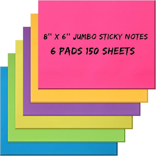 Zubebe 6 Pads 8 x 6 Inch Sticky Notes Bright Colors Sticky Pads Large Self Stick Note Pads Square Memo Post Stickies for Home Office School, 25 Sheets/Pad