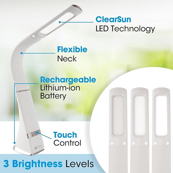 OttLite Recharge LED Desk Lamp with ClearSun LED Technology - Portable, Dimmable & Flexible Gooseneck - Travel-Friendly Task Lamp with Rechargeable Battery - for Home, Reading, Office & College Dorms