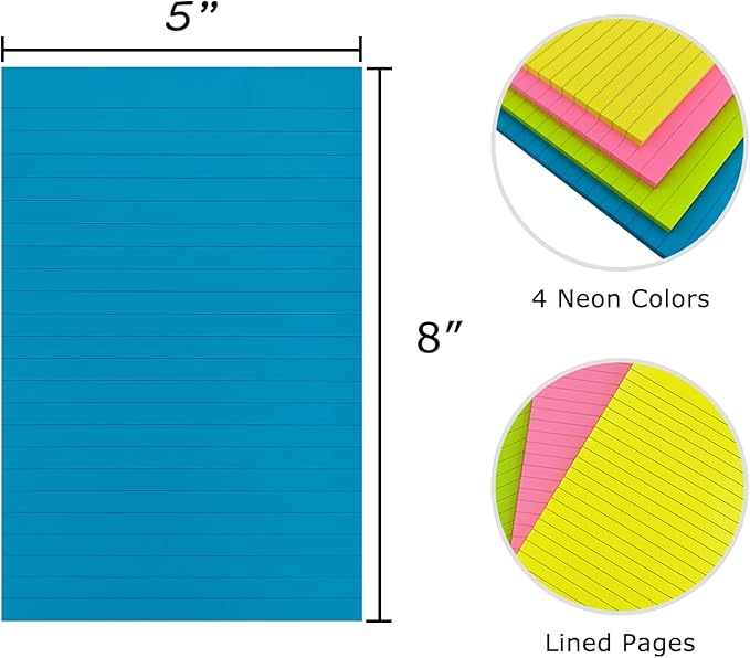 8 Pads Lined Sticky Notes 5 x 8 in, Bright Colors, Colorful Large Sticky Notes with Lines Self-Stick Note Pads for Home Office School Supplies, 50 Sheets/Pad, 400 Sheets Total, 4A 5084-N-Lx2
