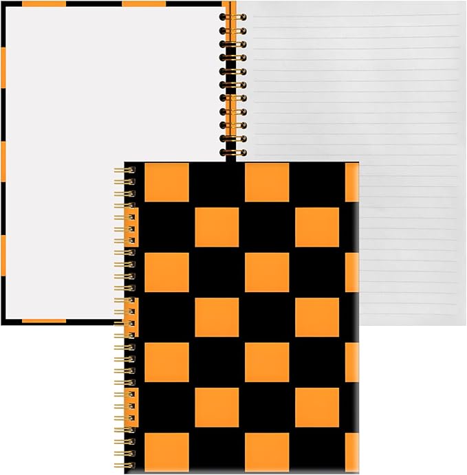 Spiral Notebook A5, Hardcover Journal for Women, 120 Pages Thick College Ruled Paper, Perfect for Office, School, or Home Use(Black and Orange Checkered)