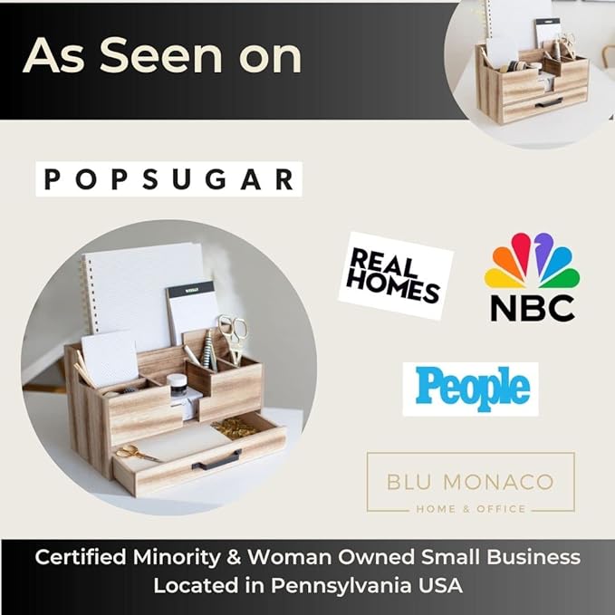 BLU MONACO Natural Wooden Office Supplies Desk Organizer with Drawer - Accessories for Women - Desktop Organization - Organization for Desk - Home Office Supplies Organizer