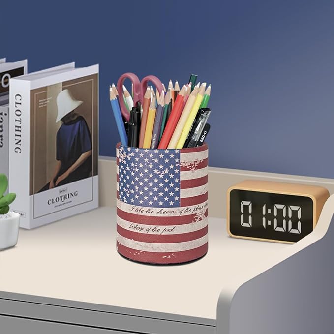 Pen Pencil Holder Cup Container PU Leather Desk Organizer Stand Decor Brush Scissor Holder Decoration Office Desk Home School (3.3" x 3.3" x 4", US Flag)