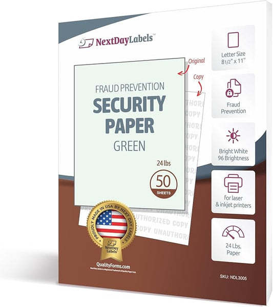 NextDayLabels Green Security Paper – Multi-Purpose – UNAUTHORIZED COPY – Fraud Prevention – Laser & Inkjet Printer Compatible – 8.5" x 11“ – 24 lb – 50 Sheets