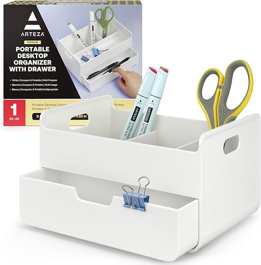 ARTEZA Small Desk Organizer with Drawer – Portable White Caddy with Pen Holder, Lightweight Office Supply Storage for Desk, Classroom, or Dorm