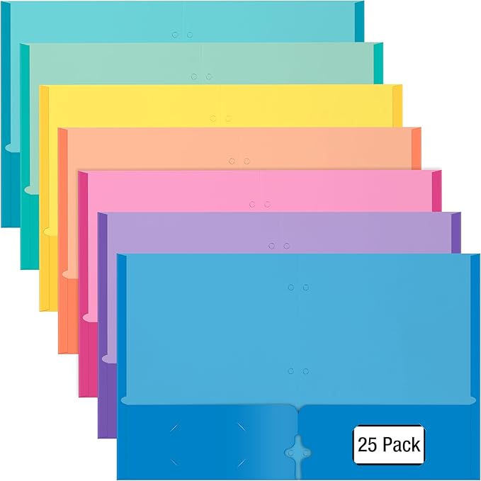 2 Pocket Folders, Assorted 7 Vibrant Colors with Complementing Interior Colors, Fits Letter Size Paper, for School, Office, Home (3 Hole Punched, 25)