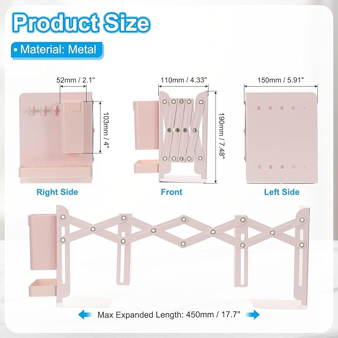 PATIKIL Adjustable Book Ends, 7.5" Tall Heavy Duty Metal Adjustable Bookends Book Holders Organizer with Removable Pen Holder Tray and 3 Hook-up for Heavy Books Desk Office Home, Pink