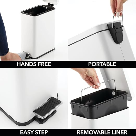 mDesign Pedal Bin — Waste Bin with Pedal, Lid and Plastic Bucket Insert for Bathroom, Kitchen, and Office — Metal Household Rubbish Bin with Ergonomic Design — White