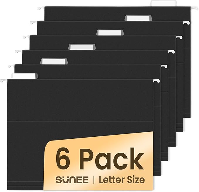 SUNEE 6 Pack Hanging File Folders,Hanging File Folders Letter Size with 1/5-cut Tabs,Black Folders,Stay Organized for Your Home and Office Bulk File and Documents