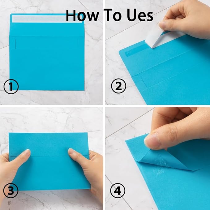 Wishop 50 Pack Blue Self-Adhesive Envelopes with Fold Cards 5 Colors for Wedding Invitations and Greeting Cards (Blue 5 Colors, 4x6)
