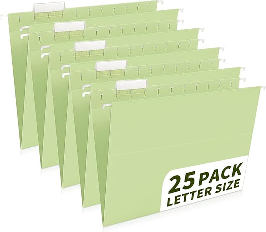 25-Pack Green Hanging File Folders, Letter Size (8.5" x 11") with 1/5-Cut Tabs,Includes 35 Transparent Label Cards & 50 Sticker Labels for Home & Office Organization