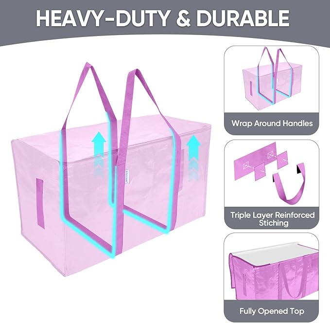 TICONN 4 Pack Extra Large Moving Bags with Zippers & Carrying Handles, Heavy-Duty Storage Tote Moving Boxes for Space Saving (4 Pack, Pink)